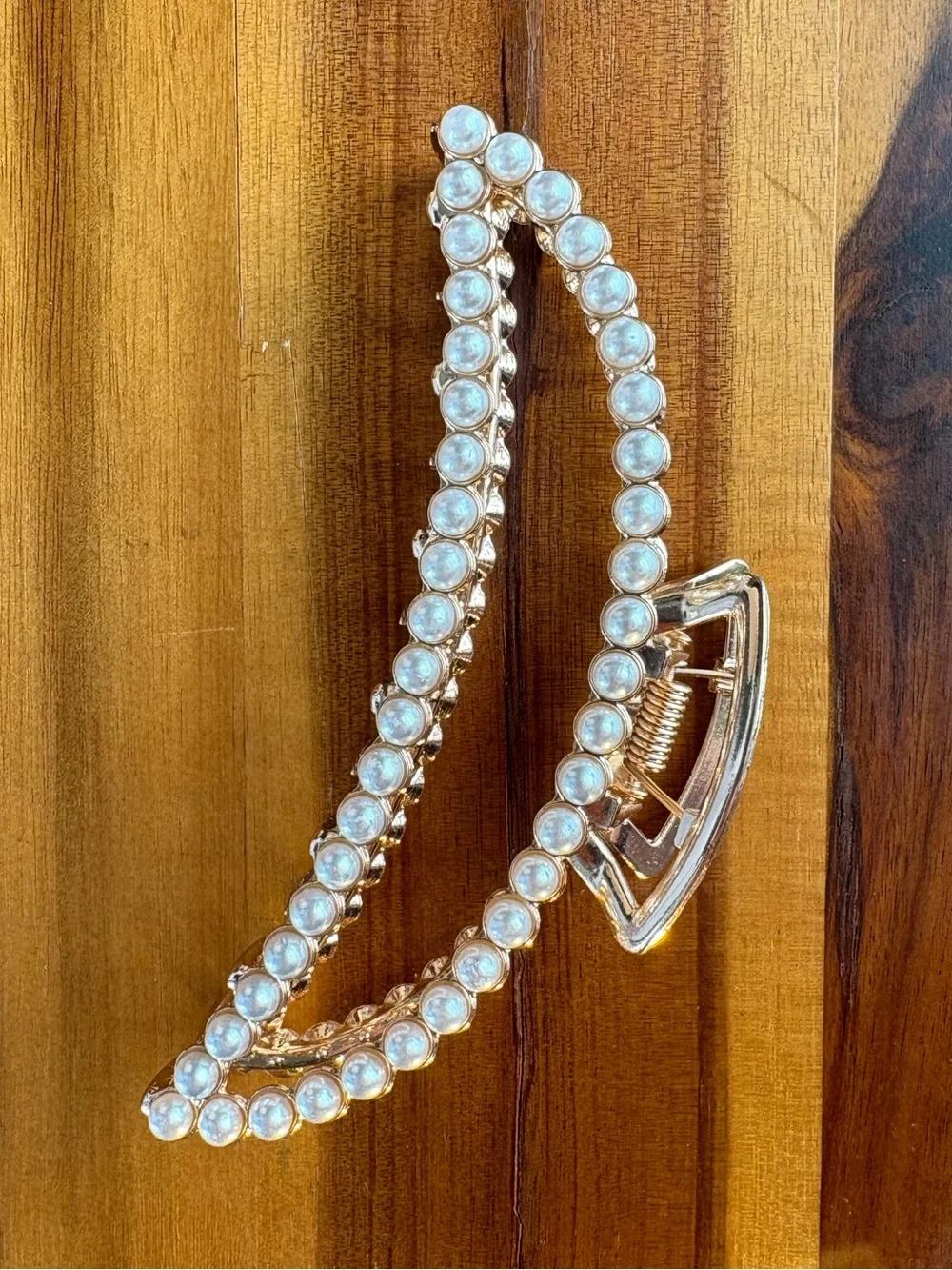 Faux Pearl Gold Tone Metal Hair Claw Clip Large Crescent Geometric